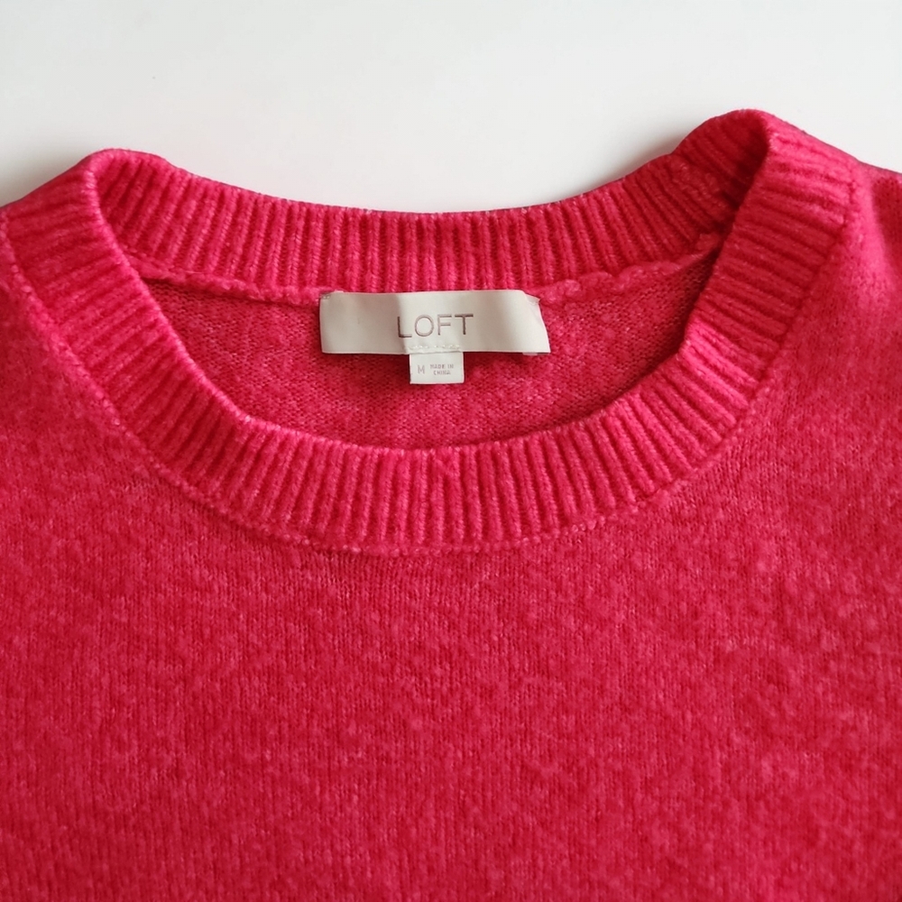 LOFT Crew Neck Puff Shoulder Sweater- Hot Pink- Size Medium - Picture 2 of 6